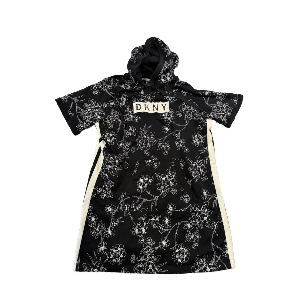 DKNY Size L Embroidered Logo Short Sleeve Hooded Floral T-shirt Dress Cozy Cute